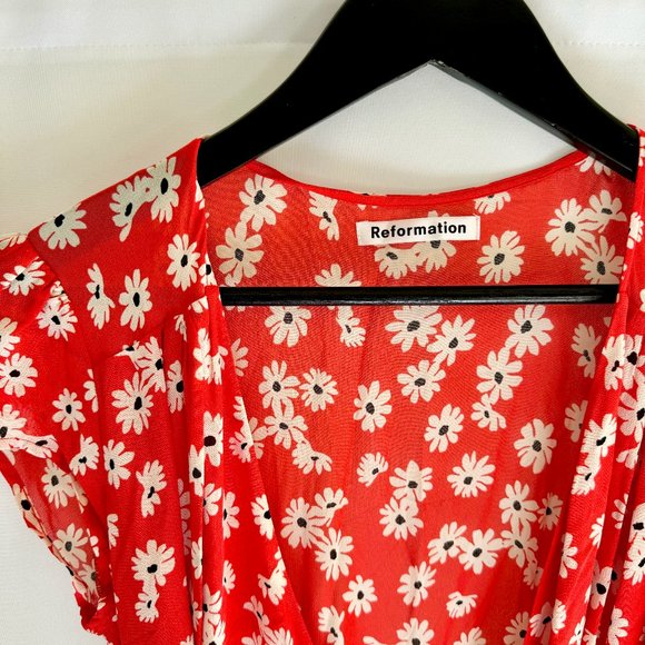 Reformation Wrap Midi Dress - Red Floral Daisy - Size Medium - Picture 3 of 7